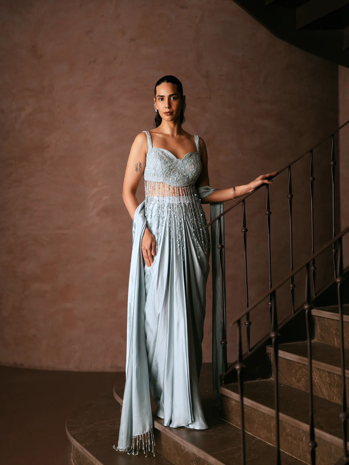 Ice Blue Draped Saree With Embroidered Blouse