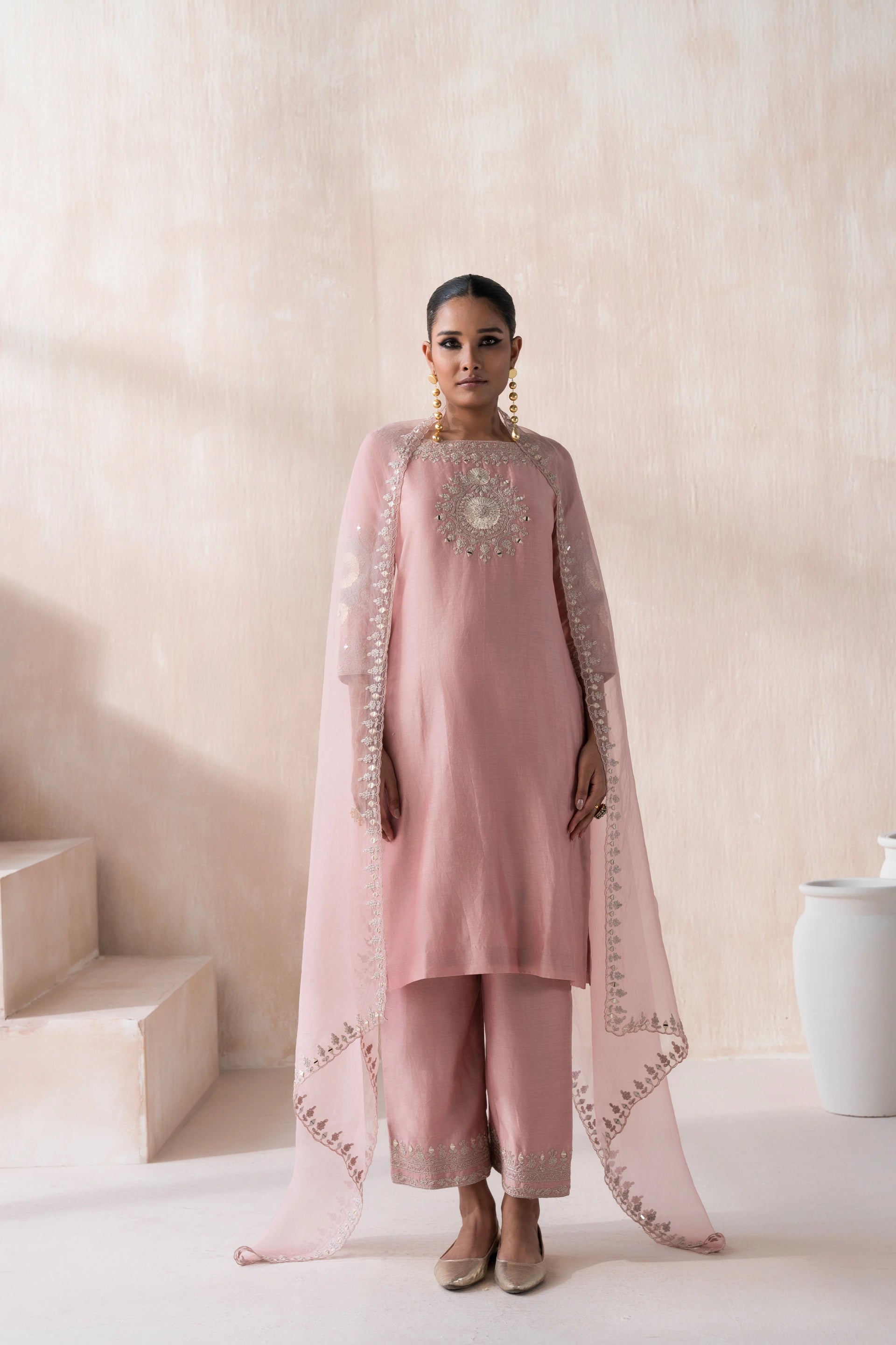 Chanderi Suit with Embroidered Pants and Dupatta - Saisha