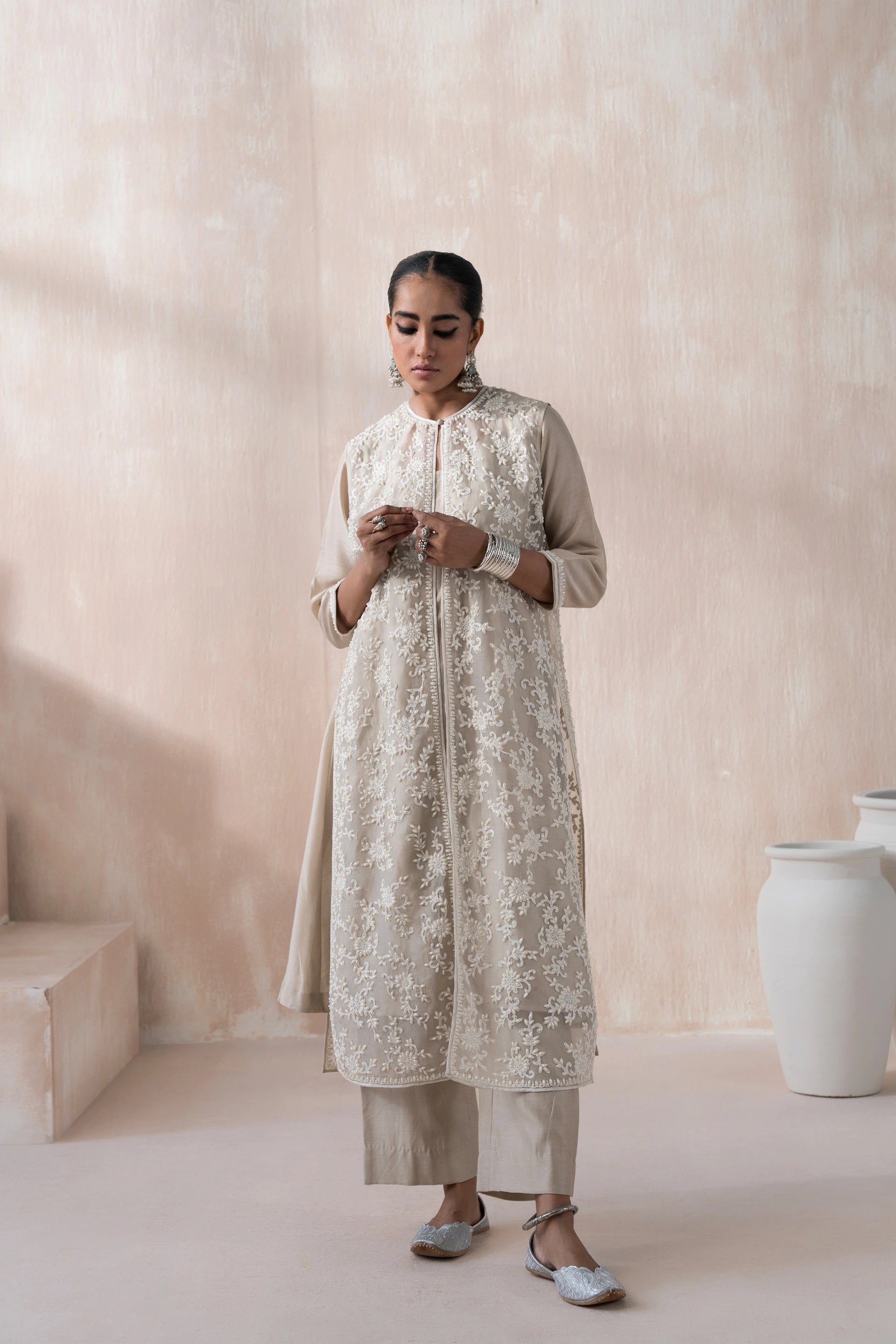 Chanderi Kurta and Pant with Organza Jacket - Saisha