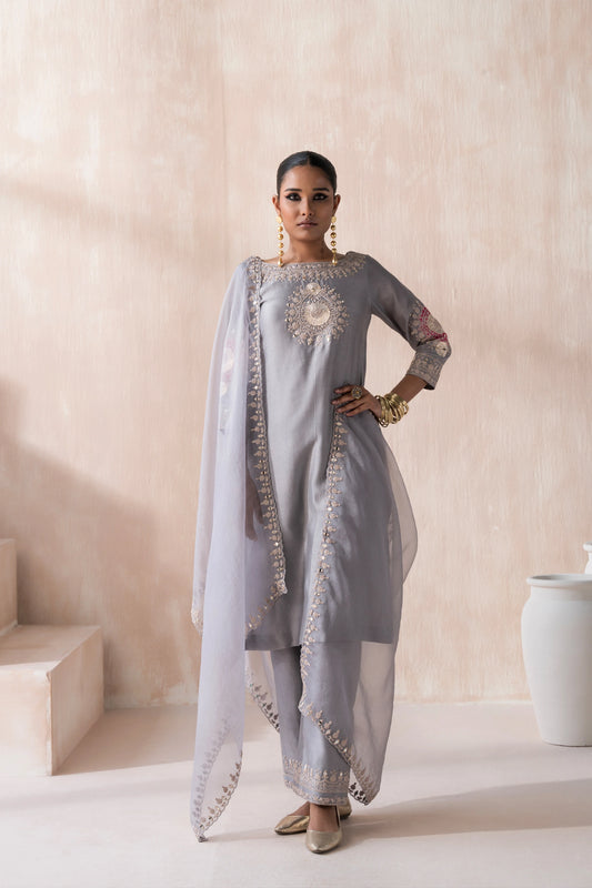 Chanderi Suit with Embroidered Pants and Dupatta - Saisha