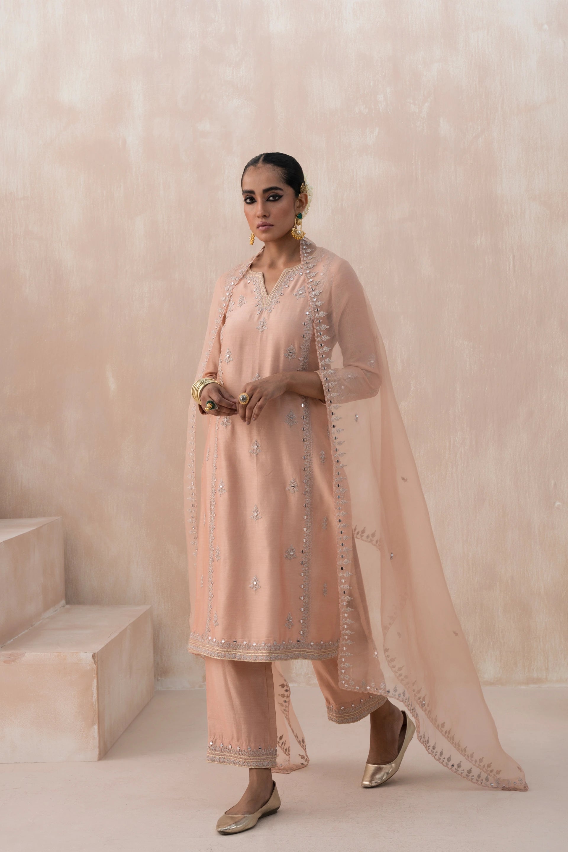 Chanderi Suit with Embroidered Pants and Dupatta - Saisha