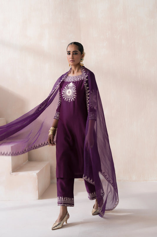 Chanderi Suit with Embroidered Pants and Dupatta - Saisha