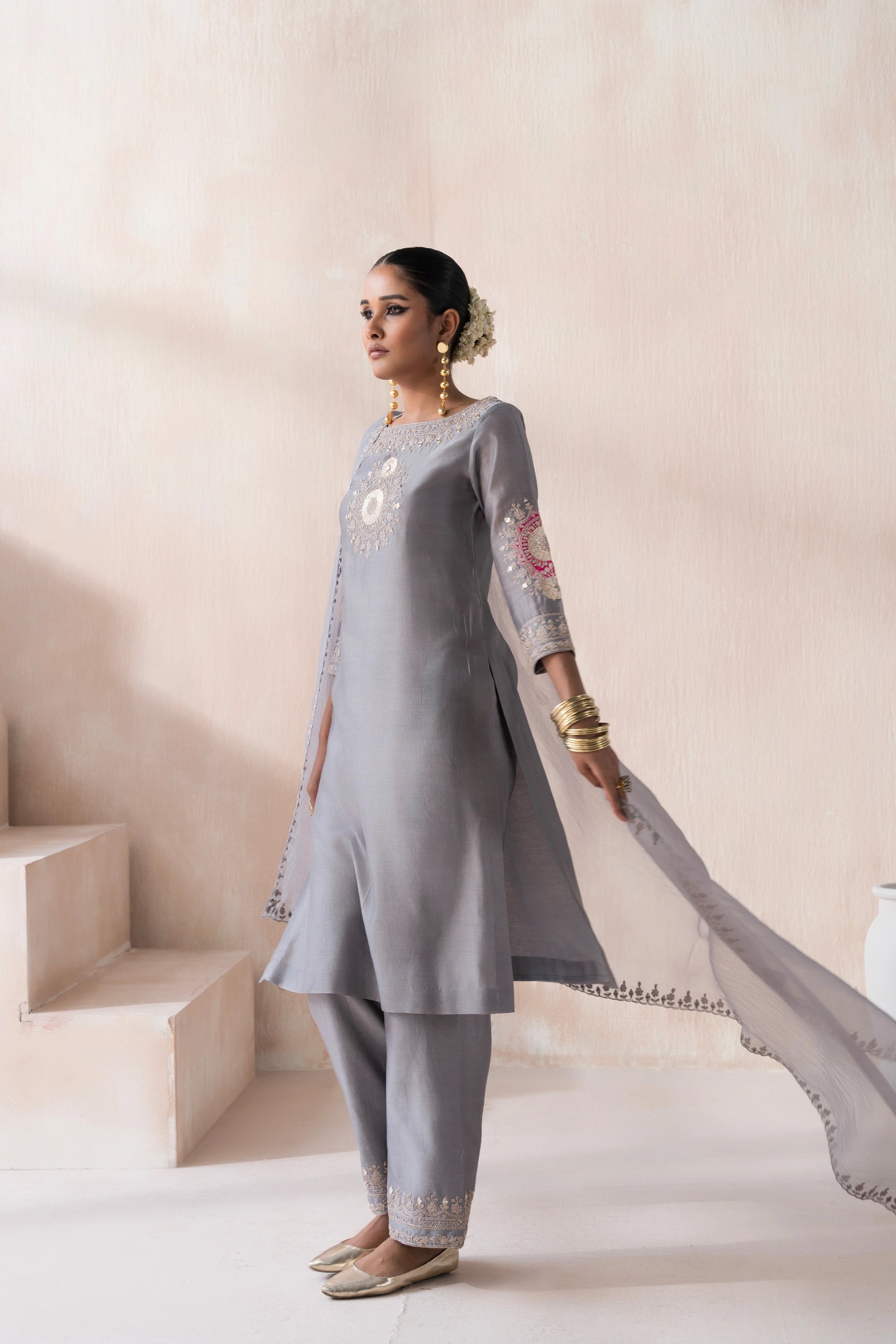 Chanderi Suit with Embroidered Pants and Dupatta - Saisha