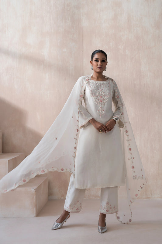 Chanderi Suit with Embroidered Dupatta and Pant - Saisha