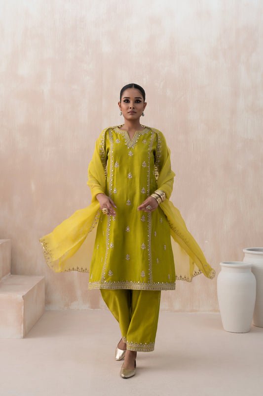 Chanderi Suit with Embroidered Pants and Dupatta - Saisha