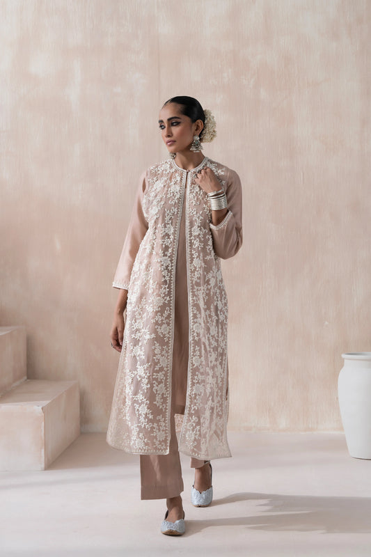 Chanderi Kurta and Pant with Organza Jacket - Saisha