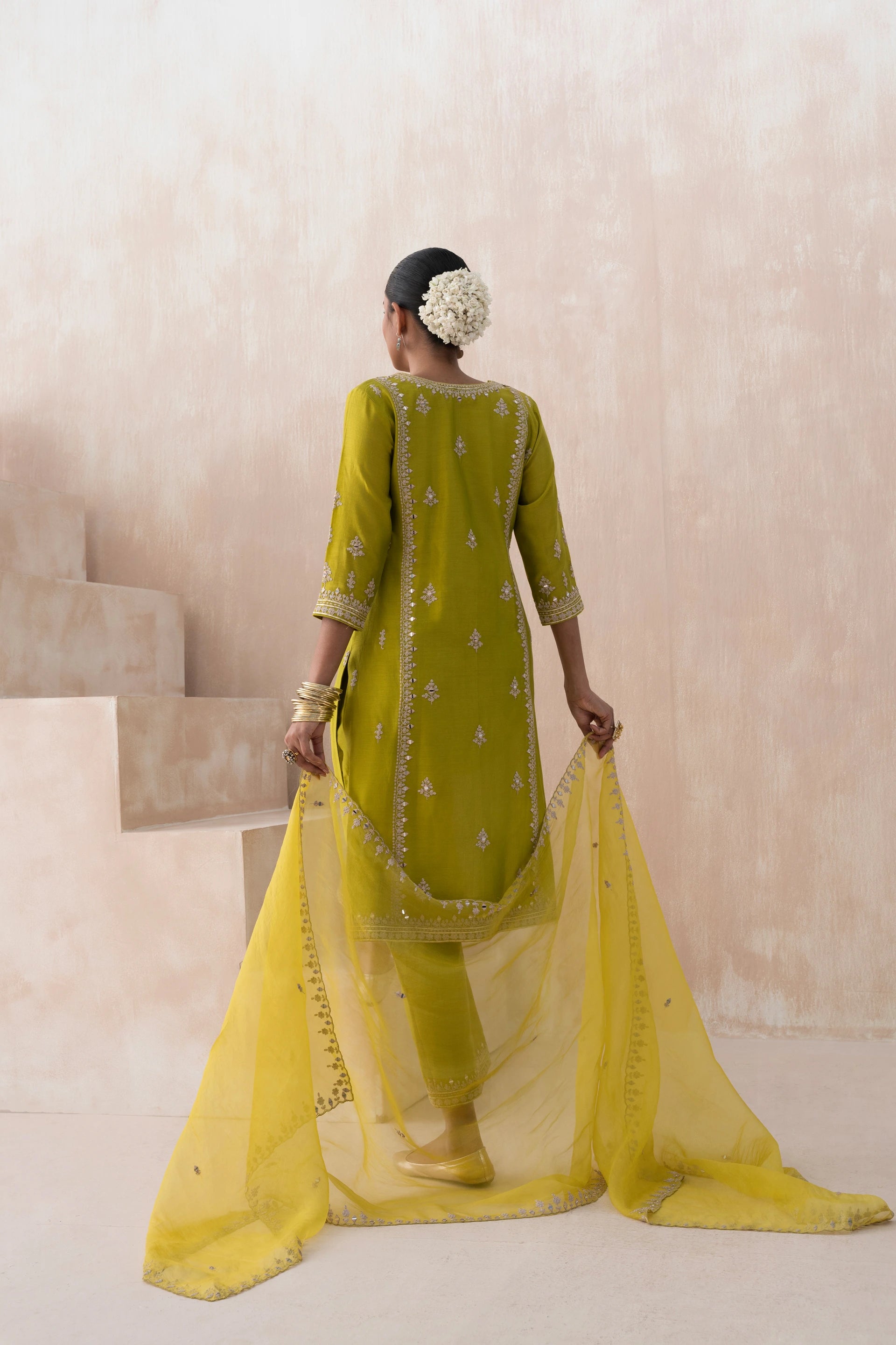 Chanderi Suit with Embroidered Pants and Dupatta - Saisha