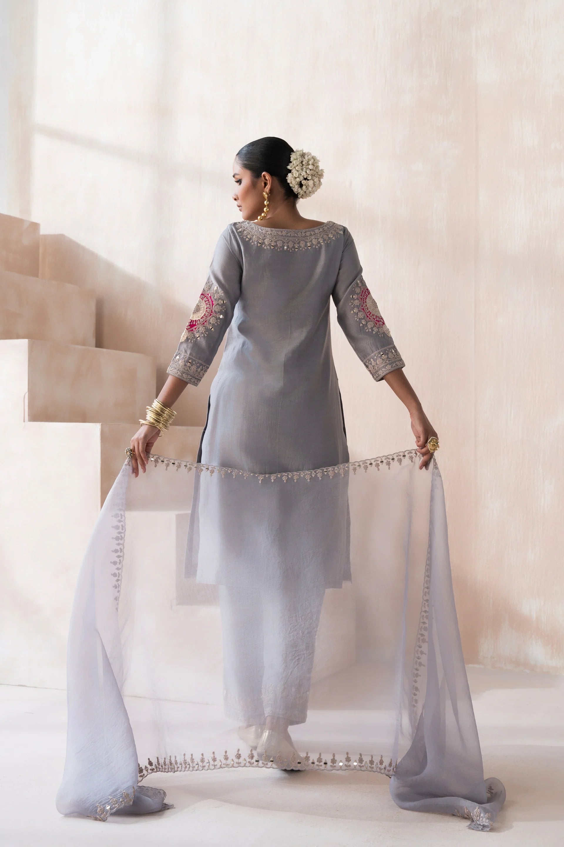 Chanderi Suit with Embroidered Pants and Dupatta - Saisha
