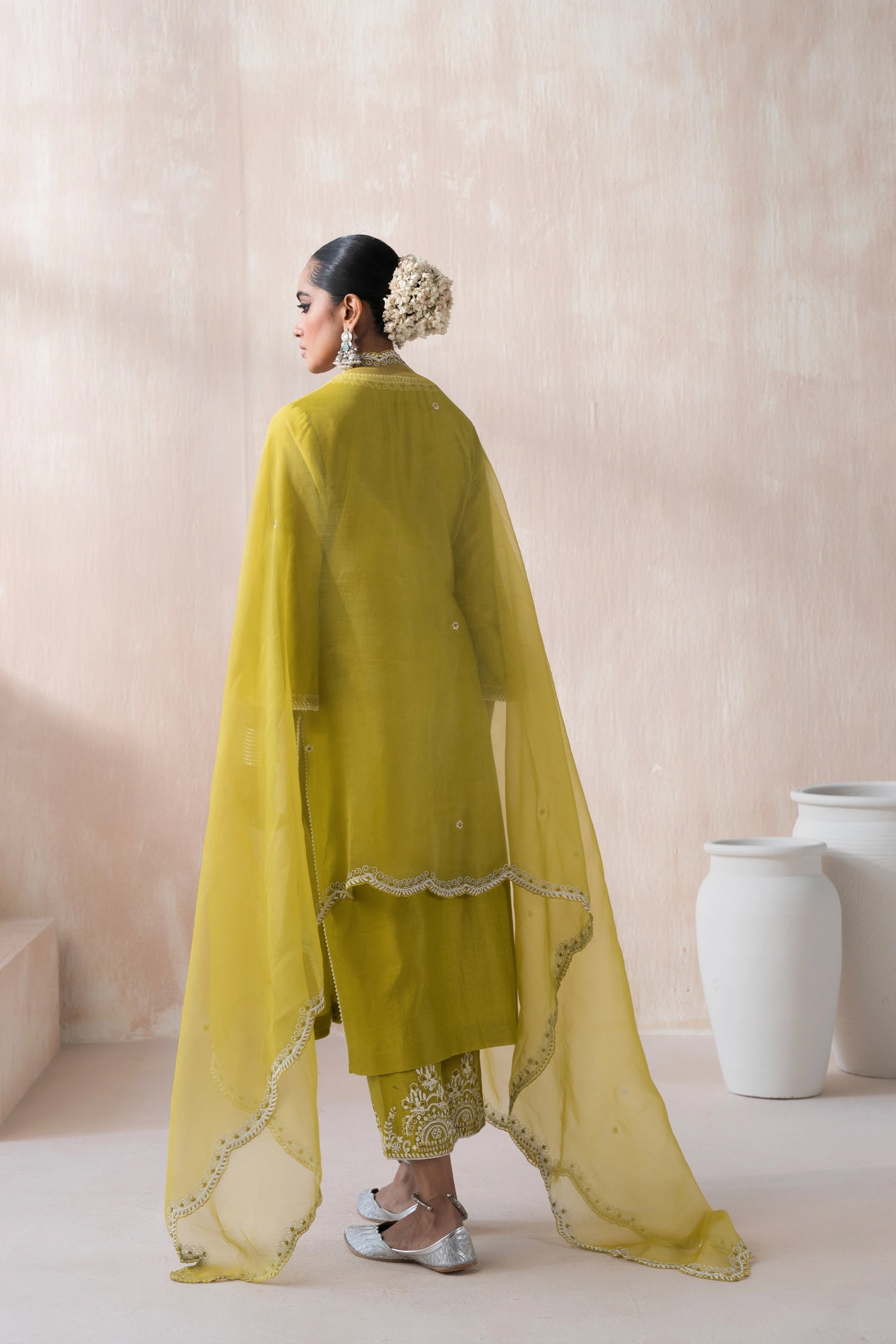 Chanderi Suit with Embroidered Pants and Dupatta - Saisha