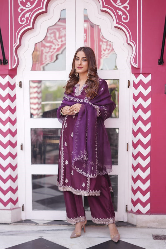 Chanderi Suit with Embroidered Pants and Dupatta - Saisha